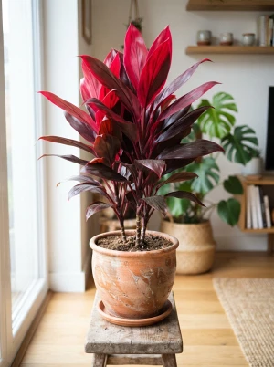 Cordyline mit langen, spitz zulaufenden, rot gefärbten Blättern