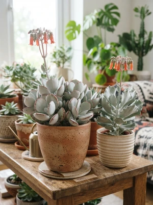 Cotyledon mit dickfleischigen, grauweißen Blättern und glockenförmigen Blüten