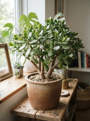 Crassula ovata mit dicken, glänzenden, ovalen Blättern