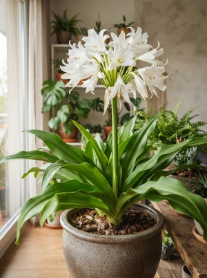 Crinum mit langem Blütenstandsschaft und großen, trichterförmigen Blüten