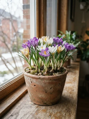 Crocus mit kleinen, kelchförmigen Blüten kurz über dem Boden