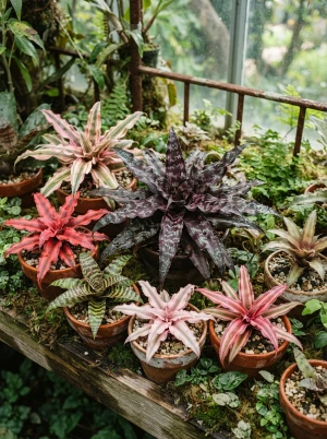 Cryptanthus mit sternförmig ausgebreiteten, gemusterten Blättern