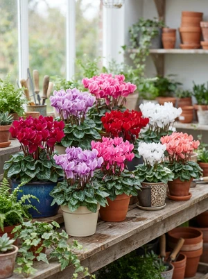 Cyclamen mit zurückgebogenen Blütenblättern in kräftigen Farbtönen