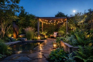 Stimmungsvoll beleuchteter Garten am Abend