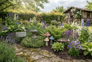 Wetterfeste Dekoartikel zwischen Blumenbeeten im Garten