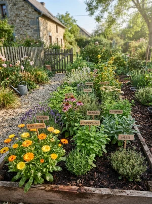 Heilpflanzen dekorativ in einem Gartenbeet angeordnet