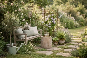 Selbstgemachte Gartendeko schafft einen ruhigen Sitzplatz
