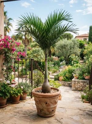Dypsis decipiens mit dreieckiger Kronenform und wachsig blaugrünen Wedeln