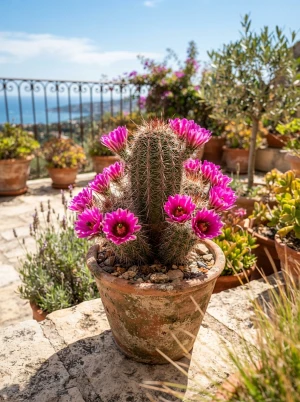 Echinocereus mit dicht bedornten Rippen und leuchtenden Blüten
