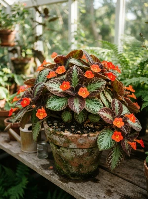 Episcia mit kräftig gemusterten Blättern und kleinen, leuchtenden Blüten