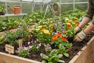 Essbare Blüten zwischen Gemüsepflanzen im Gewächshaus