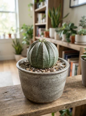 Euphorbia meloformis mit kugeligem, geripptem Körper