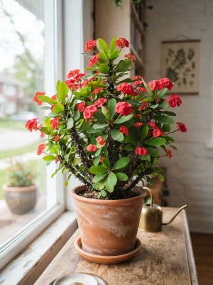 Euphorbia milii mit dornigen Trieben und leuchtend roten Hochblättern