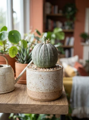Euphorbia obesa mit kugelrundem, fein gemustertem Körper