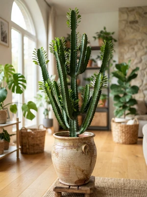 Euphorbia trigona mit dreikantigen, kandelaberartig verzweigten Trieben