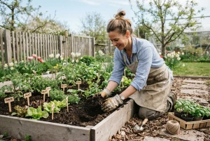 Gärtnerin pflanzt im Frühjahr Setzlinge ins Beet