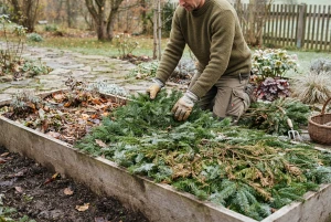 Gartenbeet wird mit Reisig als Frostschutz abgedeckt