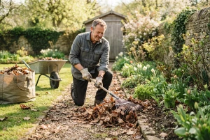 Gartenbesitzer harkt im Frühling welke Blätter zusammen