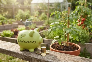 Sparschwein neben einer Pflanze als Symbol für die Gartenfinanzierung