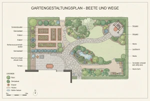 Plan für die Gartengestaltung mit Beeten und Wegen
