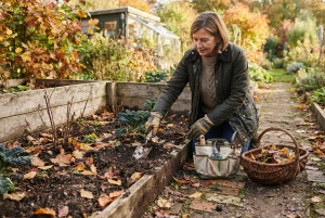 Herbstliche Gartenvorbereitung mit Laub und Gartenwerkzeug