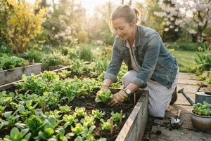 Gartenarbeit im ersten Frühlingslicht mit frischem Grün