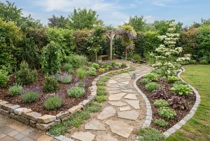 Neu angelegtes Gartenlayout mit geschwungenen Wegen