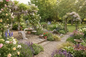 Wohlfühlgarten mit Sitzecke und blühenden Beeten