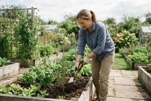 Person mit Gartenschaufel bei der aktiven Gartenarbeit