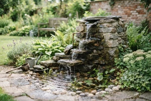 Selbst gebauter Gartenbrunnen mit plätscherndem Wasserlauf
