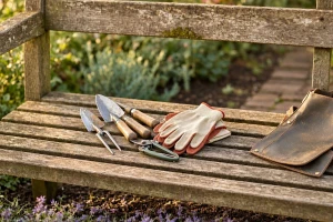 Gartenwerkzeug und Handschuhe auf einer Gartenbank