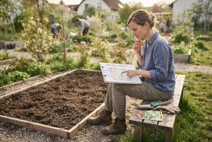 Anfänger plant ein neues Gartenbeet mit Skizze