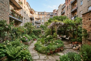 Kleiner, grüner Hinterhofgarten inmitten dichter Stadtbebauung