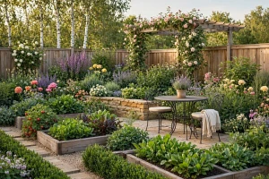 Liebevoll gestalteter Garten mit Beeten und Sitzecke