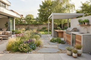 Garten mit Gräsern, Stauden und Outdoorküche