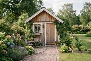 Klassisches Gartenhaus aus Holz mit Satteldach im Garten