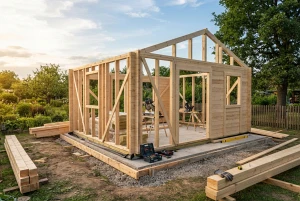 Gartenhaus aus Holz im Rohbau mit Fundament und aufgestellten Wänden