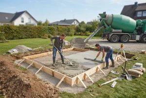 Betonfundament für ein Gartenhaus wird vorbereitet