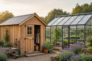 Gartenhaus aus Holz mit Gewächshaus im Hintergrund