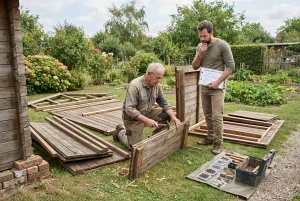 Gebrauchtes Gartenhaus wird für den Wiederaufbau begutachtet
