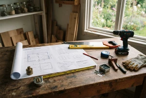 Bauplan und Werkzeug für ein selbstgebautes Gartenhaus auf einem Tisch