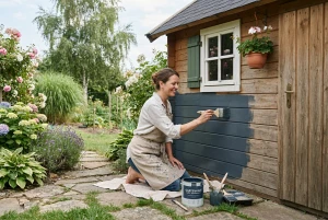 Gartenhaus aus Holz wird mit Pinsel und Farbe gestrichen