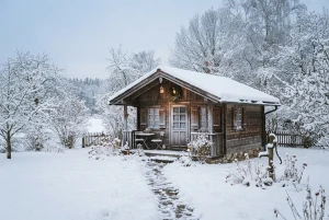 Gartenhaus im Winter mit Schnee auf dem Dach