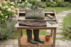 Softshelljacke, Gartenhose und Gummistiefel als komplette Gartenausstattung