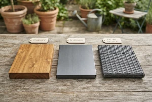 Verschiedene Materialproben für Gartenmöbel: Holz, Alu, Rattan