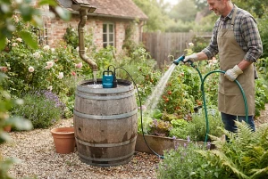 Gartenpumpe an einer Regentonne im Einsatz