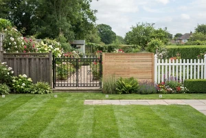 Verschiedene Zauntypen im Vergleich vor einem gepflegten Garten