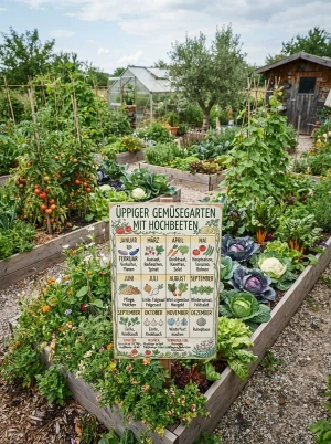 Üppiger Gemüsegarten mit Hochbeeten, Tomaten, Kohl und Salat