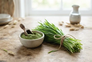 BIO-Gerstengraspulver in einer Schale neben frischen Gerstengras-Halmen