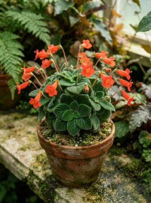 Gesneria cuneifolia mit kleinen, samtigen Blättern und orangeroten Blüten